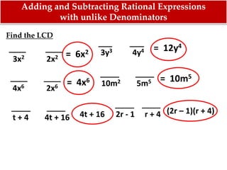 Find the LCD
= 6x2
= 10m5
= 12y4
= 4x6
3y3 4y4
10m2 5m5
4x6 2x6
3x2 2x2
Adding and Subtracting Rational Expressions
with unlike Denominators
t + 4 4t + 16 4t + 16 2r - 1 r + 4 (2r – 1)(r + 4)
 