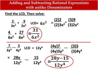 Find the LCD, Then solve:
=
𝟑𝟏
𝟔𝒙 𝟐
LCD= 6𝒙 𝟐
LCD = 12y4 (4y)7 (3)5
(4y)3y3 (3)4y4
= 28y 15
12y4 12y4 =
𝟐𝟖𝒚−𝟏𝟓
𝟏𝟐𝒚 𝟒
+4 27
6x2 6x2
2 9
3x2 2x2
+
(2)2 (3)9
(2)3x2 (3)2x2= +
7 5
3y3 4y4
Adding and Subtracting Rational Expressions
with unlike Denominators
 