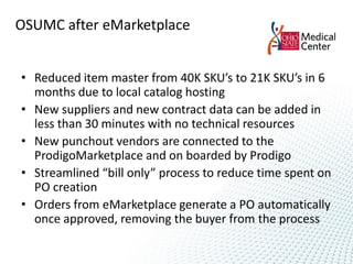 OSUMC after eMarketplace


• Reduced item master from 40K SKU’s to 21K SKU’s in 6
  months due to local catalog hosting
• New suppliers and new contract data can be added in
  less than 30 minutes with no technical resources
• New punchout vendors are connected to the
  ProdigoMarketplace and on boarded by Prodigo
• Streamlined “bill only” process to reduce time spent on
  PO creation
• Orders from eMarketplace generate a PO automatically
  once approved, removing the buyer from the process
 