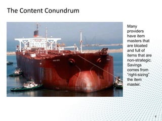 The Content Conundrum

                        Many
                        providers
                        have item
                        masters that
                        are bloated
                        and full of
                        items that are
                        non-strategic.
                        Savings
                        comes from
                        “right-sizing”
                        the item
                        master.




                                         6
 