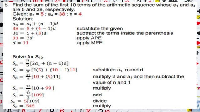 sum of arithmetic sequence s | PPTX | Homework and Study | Education