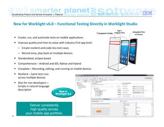 © 2012 IBM Corporation13
Accelerating Product and Service Innovation | Rational
Create, run, and automate tests on mobile applications
Improve quality and time-to-value with industry-first app testing
– Create resilient and code-less test cases
– Record once, play back on multiple devices
Standardized, eclipse based
Comprehensive – Android and iOS, Native and Hybrid
Complete – Recording, editing, and running on mobile devices
Resilient – Same test runs
across multiple devices
Also for non-developers –
Scripts in natural language
description
Deliver consistently
high quality across
your mobile app portfolio.
New inNew in
WorklightWorklight 6.06.0
New for Worklight v6.0 – Functional Testing Directly in Worklight Studio
 