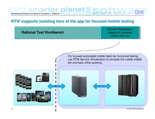 © 2012 IBM Corporation14
Accelerating Product and Service Innovation | Rational
RTW supports isolating tiers of the app for focused mobile testing
Rational Test Workbench
Service Virtualization
support for isolating
mobile client tier
For focused automated mobile client tier functional testing,
use RTW Service Virtualization to simulate the mobile middle
tier and back office systems.
 