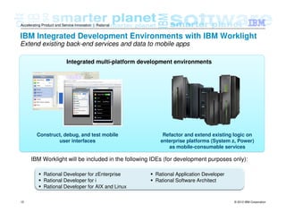 © 2012 IBM Corporation15
Accelerating Product and Service Innovation | Rational
IBM Integrated Development Environments with IBM Worklight
Extend existing back-end services and data to mobile apps
Integrated multi-platform development environments
Construct, debug, and test mobile
user interfaces
Refactor and extend existing logic on
enterprise platforms (System z, Power)
as mobile-consumable services
Rational Developer for zEnterprise
Rational Developer for i
Rational Developer for AIX and Linux
Rational Application Developer
Rational Software Architect
IBM Worklight will be included in the following IDEs (for development purposes only):
 