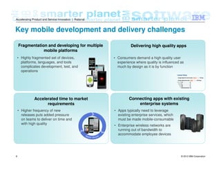 © 2012 IBM Corporation8
Accelerating Product and Service Innovation | Rational
Key mobile development and delivery challenges
• Highly fragmented set of devices,
platforms, languages, and tools
complicates development, test, and
operations
Fragmentation and developing for multiple
mobile platforms
• Higher frequency of new
releases puts added pressure
on teams to deliver on time and
with high quality
Accelerated time to market
requirements
• Apps typically need to leverage
existing enterprise services, which
must be made mobile-consumable
• Enterprise wireless networks are
running out of bandwidth to
accommodate employee devices
Connecting apps with existing
enterprise systems
• Consumers demand a high quality user
experience where quality is influenced as
much by design as it is by function
Delivering high quality apps
 