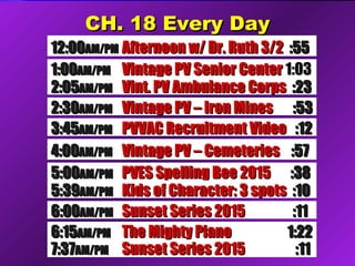CH. 18 Every DayCH. 18 Every Day
5:005:00AM/PMAM/PM PVES Spelling Bee 2015PVES Spelling Bee 2015 :38:38
4:004:00AM/PMAM/PM Vintage PV – CemeteriesVintage PV – Cemeteries :57:57
2:302:30AM/PMAM/PM Vintage PV – Iron MinesVintage PV – Iron Mines :53:53
6:006:00AM/PMAM/PM Sunset Series 2015Sunset Series 2015 :11:11
5:395:39AM/PMAM/PM Kids of Character: 3 spotsKids of Character: 3 spots :10:10
6:156:15AM/PMAM/PM The Mighty PianoThe Mighty Piano 1:221:22
7:377:37AM/PMAM/PM Sunset Series 2015Sunset Series 2015 :11:11
12:0012:00AM/PMAM/PM Afternoon w/ Dr. Ruth 3/2Afternoon w/ Dr. Ruth 3/2 :55:55
1:001:00AM/PMAM/PM Vintage PV Senior CenterVintage PV Senior Center 1:031:03
2:052:05AM/PMAM/PM Vint. PV Ambulance CorpsVint. PV Ambulance Corps :23:23
3:453:45AM/PMAM/PM PVVAC Recruitment VideoPVVAC Recruitment Video :12:12
 