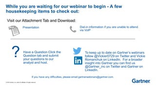 © 2016 Gartner, Inc. and/or its affiliates. All rights reserved.
While you are waiting for our webinar to begin - A few
housekeeping items to check out:
Have a Question Click the
Question tab and submit
your questions to our
analyst and host.
Presentation Dial-in information if you are unable to attend
via VoIP
If you have any difficulties, please email gartnerwebinars@gartner.com.
? To keep up to date on Gartner’s webinars
follow @Vickier0729 on Twitter and Vickie
Romanchuk on LinkedIn. For a broader
insight into Gartner you can find us
@Gartner_inc on Twitter and Gartner on
LinkedIn.
Visit our Attachment Tab and Download:
 