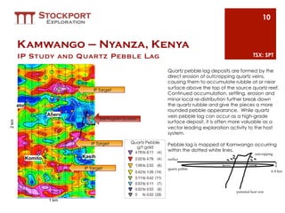 10


       Kamwango – Nyanza, Kenya
       IP Study and Quartz Pebble Lag
                                                            TSX: SPT

                                                              Quartz pebble lag deposits are formed by the
                                                              direct erosion of outcropping quartz veins,
                                                              causing them to accumulate rubble at or near
                         IP Target                            surface above the top of the source quartz reef.
                                                              Continued accumulation, settling, erosion and
                                                              minor local re-distribution further break down
                                                              the quartz rubble and give the pieces a more
                                                              rounded pebble appearance. While quartz
                                                              vein pebble lag can occur as a high-grade
                            Drill Program location
                                                              surface deposit, it is often more valuable as a
2 km




                                                              vector leading exploration activity to the host
                                                              system.

                        IP Target             Quartz Pebble
                                                              Pebble lag is mapped at Kamwango occurring
                                                g/t gold
                                                              within the dotted white lines.


                     IP Target




             1 km
 