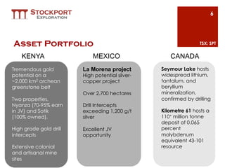 6




Asset Portfolio                                                  TSX: SPT


    KENYA                   MEXICO                  CANADA
Tremendous gold         La Morena project        Seymour Lake hosts
potential on a          High potential silver-   widespread lithium,
~2,000 km2 archean      copper project           tantalum, and
greenstone belt                                  beryllium
                        Over 2,700 hectares      mineralization,
Two properties,                                  confirmed by drilling
Nyanza (70-95% earn     Drill Intercepts
in JV) and Sotik        exceeding 1,200 g/t      Kilometre 61 hosts a
(100% owned).           silver                   110+ million tonne
                                                 deposit of 0.065
High grade gold drill   Excellent JV             percent
intercepts              opportunity              molybdenum
                                                 equivalent 43-101
Extensive colonial                               resource
and artisanal mine
sites
 