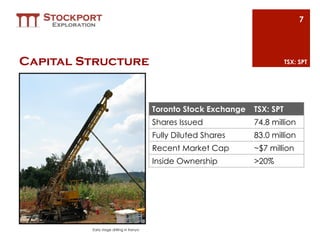 7




Capital Structure                                                            TSX: SPT




                                         Toronto Stock Exchange   TSX: SPT
                                         Shares Issued            74.8 million
                                         Fully Diluted Shares     83.0 million
                                         Recent Market Cap        ~$7 million
                                         Inside Ownership         >20%




         Early stage drilling in Kenya
 