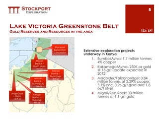 8



Lake Victoria Greenstone Belt
Gold Reserves and Resources in the area                                     TSX: SPT

                      2
                  1

                              Stockport
              4
              3              Exploration
                             Concession
                                           Extensive exploration projects
                                           underway in Kenya
                                               1.  Bumbo/Aviva: 1.7 million tonnes
             African
             Barrick –                             4% copper
            North Mara
              5M oz
                                               2.  Kakamega/Aviva: 250K oz gold
                           African                 @ 13 g/t update expected in
                           Barrick –               2012
                          Nyanzaga
             African        4M oz              3.  Macalder/Falconbridge: 0.84
             Barrick -                             million tonnes at 2.29% copper,
            Bulyanhulu
              16M oz                               5.1% zinc, 3.26 g/t gold and 1.8
                                                   oz/t silver
AngloGold
            African
                                               4.  Migori/Red Rock: 33 million
 – Geita
            Barrick –                              tonnes at 1.1 g/t gold
 12M oz
            Buzwagi
             4M oz
 