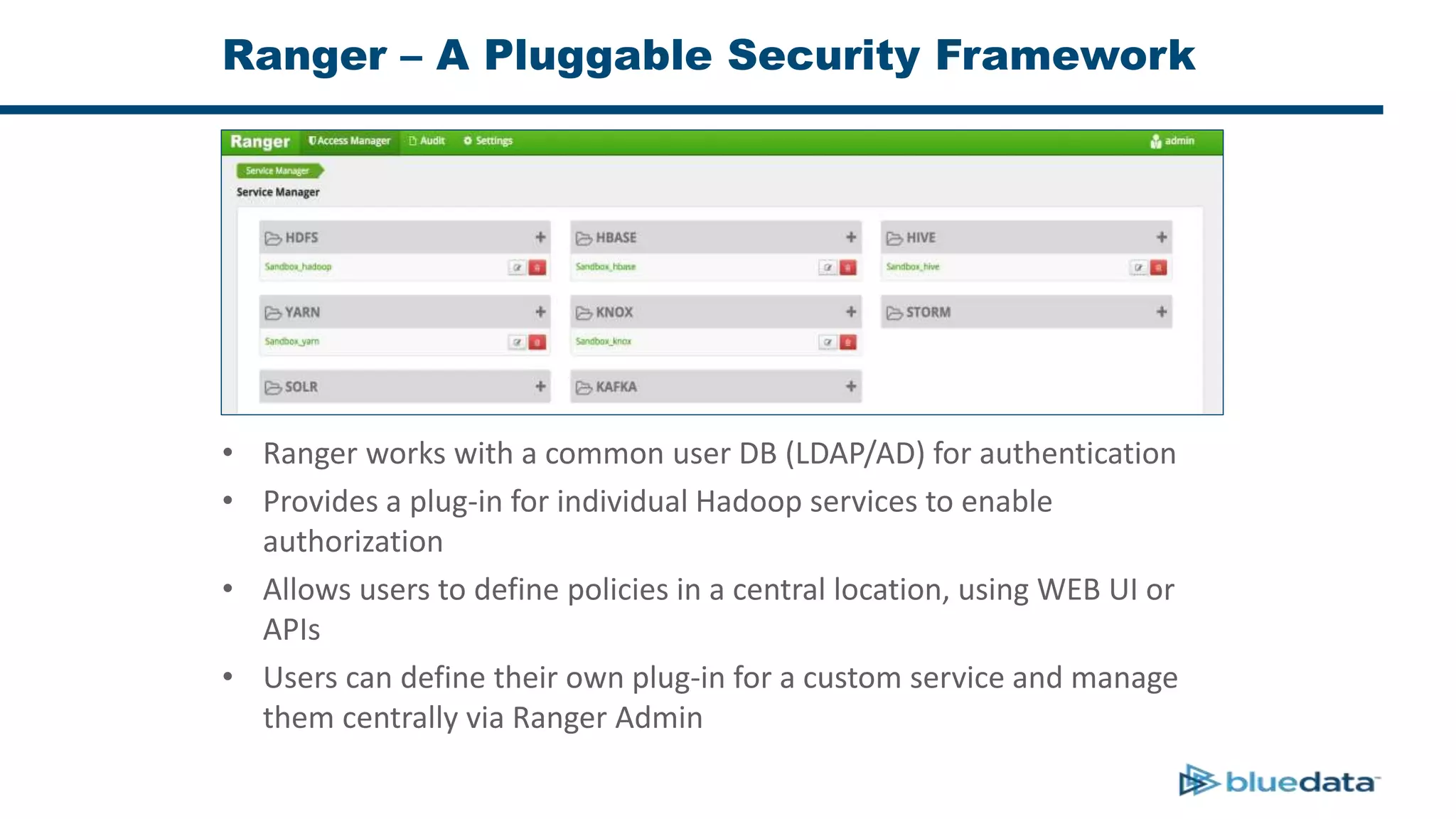 Ranger – A Pluggable Security Framework
• Ranger works with a common user DB (LDAP/AD) for authentication
• Provides a plug-in for individual Hadoop services to enable
authorization
• Allows users to define policies in a central location, using WEB UI or
APIs
• Users can define their own plug-in for a custom service and manage
them centrally via Ranger Admin
 