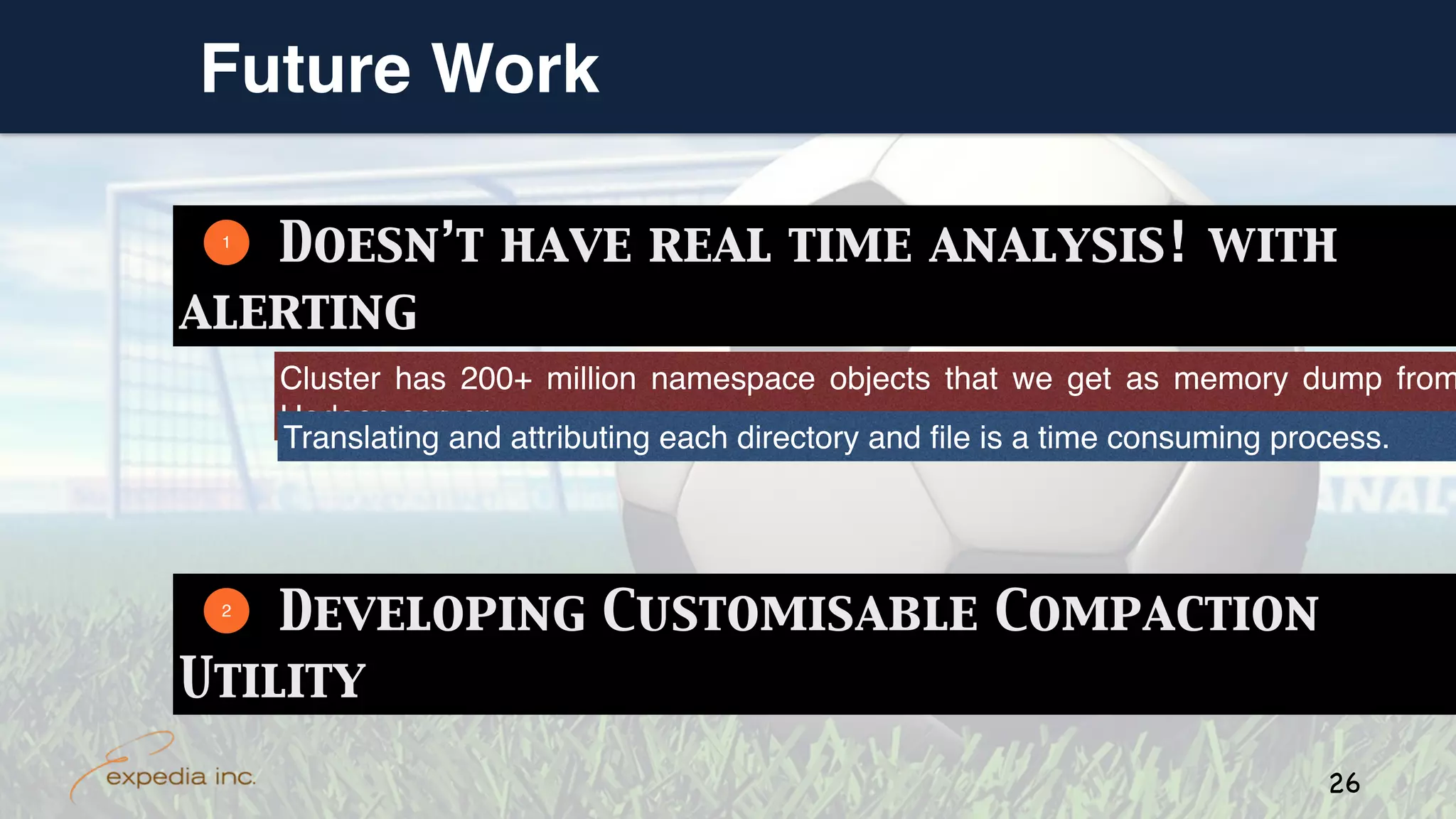 Doesn’t have real time analysis! with
alerting
Cluster has 200+ million namespace objects that we get as memory dump from
Hadoop server.
Future Work
Translating and attributing each directory and file is a time consuming process.
Developing Customisable Compaction
Utility
1
2
26
 