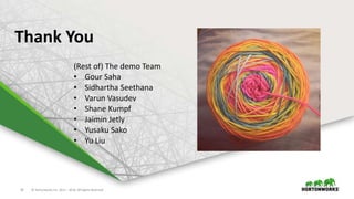 19 © Hortonworks Inc. 2011 – 2016. All Rights Reserved
Thank You
(Rest of) The demo Team
• Gour Saha
• Sidhartha Seethana
• Varun Vasudev
• Shane Kumpf
• Jaimin Jetly
• Yusaku Sako
• Yu Liu
 