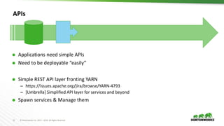 12 © Hortonworks Inc. 2011 – 2016. All Rights Reserved
APIs
 Applications need simple APIs
 Need to be deployable “easil...
