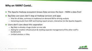 8 © Hortonworks Inc. 2011 – 2016. All Rights Reserved
Why on YARN? Contd..
 The Apache Hadoop ecosystem knows Data servic...