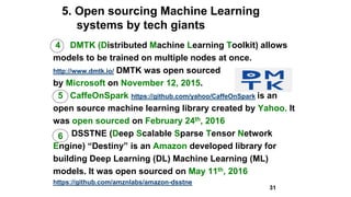 5. Open sourcing Machine Learning
systems by tech giants
4 DMTK (Distributed Machine Learning Toolkit) allows
models to be trained on multiple nodes at once.
http://www.dmtk.io/ DMTK was open sourced
by Microsoft on November 12, 2015.
5 CaffeOnSpark https://github.com/yahoo/CaffeOnSpark is an
open source machine learning library created by Yahoo. It
was open sourced on February 24th, 2016
DSSTNE (Deep Scalable Sparse Tensor Network
Engine) “Destiny” is an Amazon developed library for
building Deep Learning (DL) Machine Learning (ML)
models. It was open sourced on May 11th, 2016
https://github.com/amznlabs/amazon-dsstne
31
6
 