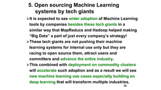 5. Open sourcing Machine Learning
systems by tech giants
It is expected to see wider adoption of Machine Learning
tools by companies besides these tech giants in a
similar way that MapReduce and Hadoop helped making
“Big Data” a part of just every company’s strategy!
These tech giants are not pushing their machine
learning systems for internal use only but they are
racing to open source them, attract users and
committers and advance the entire industry.
This combined with deployment on commodity clusters
will accelerate such adoption and as a result we will see
new machine learning use cases especially building on
deep learning that will transform multiple industries.
32
 
