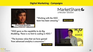 H2O.ai 
Machine Intelligence
Digital	Marketing	-	Campaigns
“H2O gave us the capability to do Big
Modeling. There is no limit to scaling in H2O.”
“Working with the H2O
team has been amazing.”
“The business value that we have gained
from advanced analytics is enormous.”
WATCH NOW
WATCH NOW
29
 
