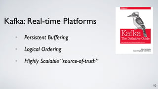 10
• Persistent Buffering
• Logical Ordering
• Highly Scalable “source-of-truth”
Kafka: Real-time Platforms
 