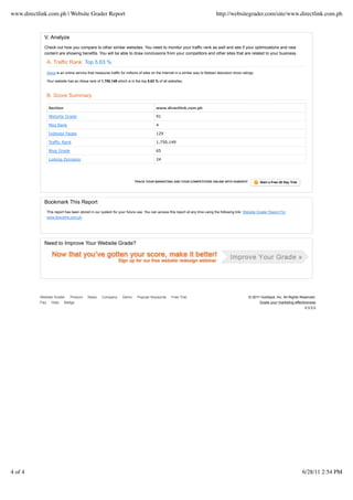 www.directlink.com.ph | Website Grader Report                                                                                     http://websitegrader.com/site/www.directlink.com.ph


             V. Analyze
             Check out how you compare to other similar websites. You need to monitor your traffic rank as well and see if your optimizations and new
             content are showing benefits. You will be able to draw conclusions from your competitors and other sites that are related to your business.

                 A. Traffic Rank: Top 5.63 %
                 Alexa is an online service that measures traffic for millions of sites on the Internet in a similar way to Nielsen television show ratings.

                 Your website has an Alexa rank of 1,750,149 which is in the top 5.63 % of all websites.



                 B. Score Summary

                  Section                                                                 www.directlink.com.ph

                  Website Grade                                                           91

                  Moz Rank                                                                4

                  Indexed Pages                                                           129

                  Traffic Rank                                                            1,750,149

                  Blog Grade                                                              65

                  Linking Domains                                                         24




                                                                           TRACK YOUR MARKETING AND YOUR COMPETITORS ONLINE WITH HUBSPOT                       Start a Free 30 Day Trial




             Bookmark This Report
                 This report has been stored in our system for your future use. You can access this report at any time using the following link: Website Grader Report For
                 www.directlink.com.ph




             Need to Improve Your Website Grade?




           Website Grader       Product     News      Company      Demo      Popular Keywords       Free Trial                                          © 2011 HubSpot, Inc. All Rights Reserved.
           Faq      Help    Badge                                                                                                                              Grade your marketing effectiveness
                                                                                                                                                                                           V.3.5.0




4 of 4                                                                                                                                                                                     6/28/11 2:54 PM
 