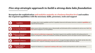13
Five step strategic approach to build a strong data lake foundation
Recognizes the sophistication and analytics maturity at a business function level and enables
the required capabilities with the necessary skills, processes, tools and support
Capabilities
Leveraging client’s stated capabilities and PwC’s Capability framework with business interviews, analytical capabilities are
captured and documented1
Use Case Specifications
Define success criteria, information sources, dimensionality and information delivery mechanism for each use case. Each Use
Case must be mapped to a set of Capabilities2
Platform Architecture &
Operating Model
Define end-end architecture components (‘lego blocks’) mapped to the capabilities identified with leading practices for
ingestion, management , analytics and visualization. Identifies the organization, process and support structure required for agility3
Strategic Roadmap
for Execution
Organize the initiatives in a sequenced roadmap with scope, duration and dependencies under various themes5
Architecture Patterns
Depict the architecture pattern at the use case level , leverages the logical architecture ‘lego blocks’ and also shows the
information flow, respective technology component and integration touch point with client’s systems4
 