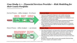 14
Case Study # 1 – Financial Services Provider – Risk Modeling for
their Loans Portfolio
Current State
Future State
• The client developed a next generation information management
and analytics platform which was more business centric with an
operating model that enables agility, self service, faster data
management and deep analytics for the business stakeholders
• Data processing window was reduced from 8-10 hours to less than
30 minutes
• Business Users were able to access more granular historical data
for ad hoc analysis and analytics models
TableauSAS CSV Files
No capability to look
back history past the
last month of data
Sources two CSV
files (total ~ 3 M
rows of data)
Aggregation logic
performed – CSV
data files exported
Hadoop Distributed File System
TableauHive Spark
Aggregation and Data transformation logic
performed using HiveQL on 67M records
and 36 columns (14.7 GB of data in Hive,
16.3 GB in memory in Spark SQL)
Response time between
2s and ~ 1 min per filter
sourcing live data via
Spark SQL
Current Process – Adhoc Analysis – 8-10 hours
Future Process – Adhoc Analysis – < 30 minutes
• Lack of an integrated architecture and scalable technology
infrastructure contributed to data management challenges
• The business analytics and modeling teams were looking for more
self-sufficiency and process agility
• Lacked program leadership and program management discipline
specifically for third party services and solution providers
• Data Acquisition and management processes lacked a consistent
design and architecture and were heavily siloed on an application
– application basis
Any trademarks included are trademarks of their respective owners and are not affiliated with, nor endorsed by, PricewaterhouseCoopers LLP, its subsidiaries or affiliates.
 