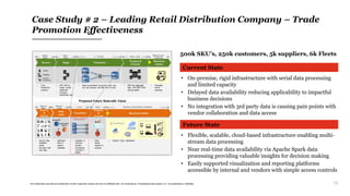 15
Case Study # 2 – Leading Retail Distribution Company – Trade
Promotion Effectiveness
500k SKU’s, 250k customers, 5k suppliers, 6k Fleets
Current State
• On-premise, rigid infrastructure with serial data processing
and limited capacity
• Delayed data availability reducing applicability to impactful
business decisions
• No integration with 3rd party data is causing pain points with
vendor collaboration and data access
Future State
• Flexible, scalable, cloud-based infrastructure enabling multi-
stream data processing
• Near real-time data availability via Apache Spark data
processing providing valuable insights for decision making
• Easily supported visualization and reporting platforms
accessible by internal and vendors with simple access controls
Any trademarks included are trademarks of their respective owners and are not affiliated with, nor endorsed by, PricewaterhouseCoopers LLP, its subsidiaries or affiliates.
 