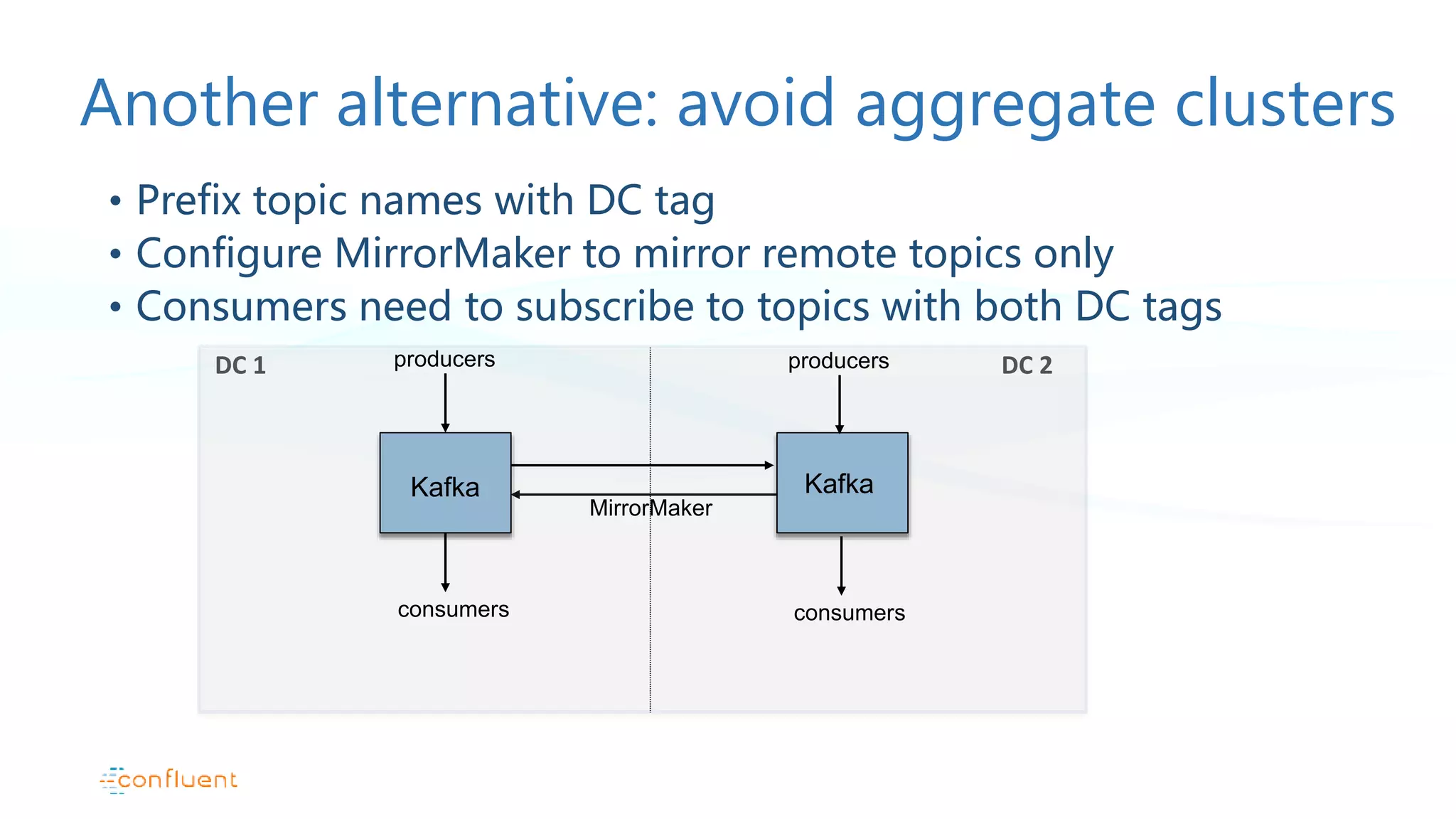 Another alternative: avoid aggregate clusters • Prefix topic names with DC tag • Configure MirrorMaker to mirror remote topics only • Consumers need to subscribe to topics with both DC tags Kafka producers consumers DC 1 MirrorMaker DC 2 Kafka producers consumers 