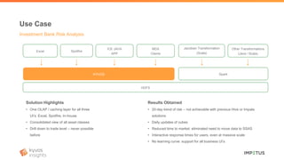Excel Spotfire
ICE JAVA
APP
MDX
Clients
Other Transformations
(Java / Scala)
HDFS
Jacobian Transformation
(Scala)
KYVOS Spark
Solution Highlights
• One OLAP / caching layer for all three
UI’s: Excel, Spotfire, In-house
• Consolidated view of all asset classes
• Drill down to trade level – never possible
before
Results Obtained
• 20-day trend of risk – not achievable with previous Hive or Impala
solutions
• Daily updates of cubes
• Reduced time to market: eliminated need to move data to SSAS
• Interactive response times for users, even at massive scale
• No learning curve: support for all business UI’s
Use Case
Investment Bank Risk Analysis
 
