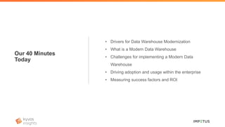 Our 40 Minutes
Today
• Drivers for Data Warehouse Modernization
• What is a Modern Data Warehouse
• Challenges for implementing a Modern Data
Warehouse
• Driving adoption and usage within the enterprise
• Measuring success factors and ROI
 