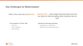 Key Challenges for Modernization
Is the opposite of “Dumb” data
• hard to find
• hard to understand
• hard to combine
Data in the Lake has to be Smart
Rethink the information plumbing
• Supplement first , transform later
• Maximize ROI by protecting investments
Rethink ETL – Light weight data blending tools that
can allow for data wrangling when business cannot
wait
 