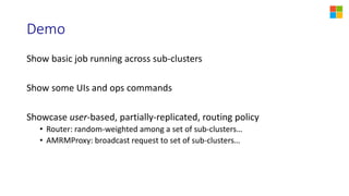 Demo
Show basic job running across sub-clusters
Show some UIs and ops commands
Showcase user-based, partially-replicated, routing policy
• Router: random-weighted among a set of sub-clusters…
• AMRMProxy: broadcast request to set of sub-clusters…
 