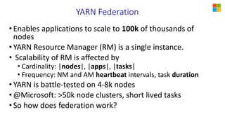 YARN Federation
•Enables applications to scale to 100k of thousands of
nodes
•YARN Resource Manager (RM) is a single instance.
• Scalability of RM is affected by
• Cardinality: |nodes|, |apps|, |tasks|
• Frequency: NM and AM heartbeat intervals, task duration
•YARN is battle-tested on 4-8k nodes
•@Microsoft: >50k node clusters, short lived tasks
•So how does federation work?
 