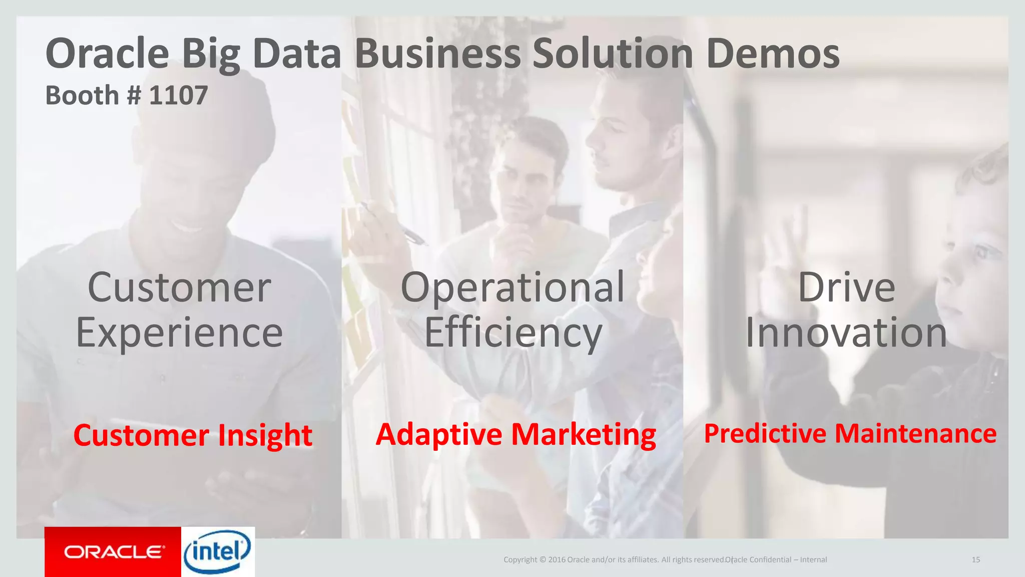 Copyright © 2015, Oracle and/or its affiliates. All rights reserved. |
Operational
Efficiency
Drive
Innovation
Customer
Experience
Copyright © 2016 Oracle and/or its affiliates. All rights reserved. |Oracle Confidential – Internal 15
Oracle Big Data Business Solution Demos
Booth # 1107
Customer Insight Adaptive Marketing Predictive Maintenance
 