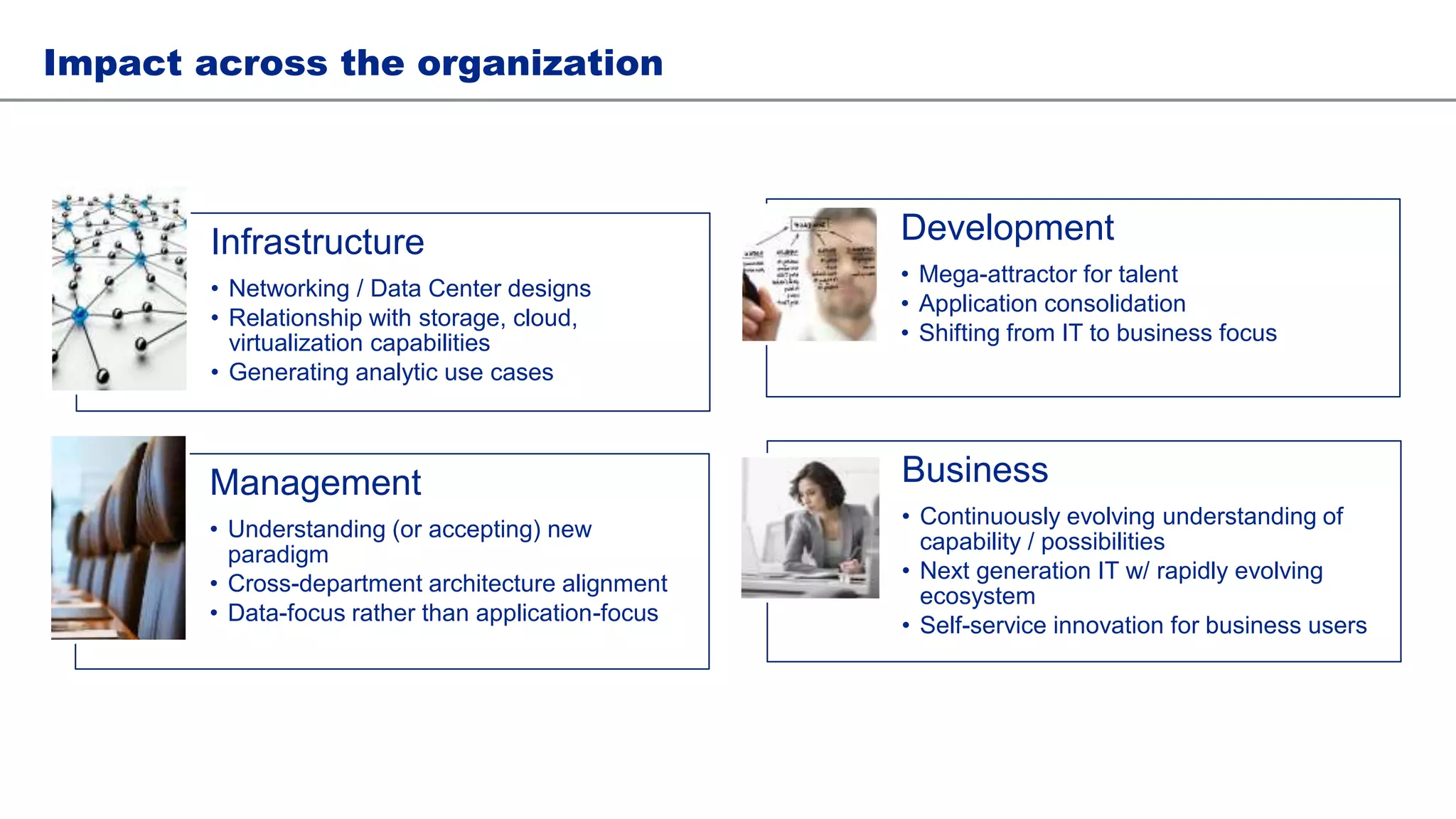 Impact across the organization
Infrastructure
• Networking / Data Center designs
• Relationship with storage, cloud,
virtualization capabilities
• Generating analytic use cases
Development
• Mega-attractor for talent
• Application consolidation
• Shifting from IT to business focus
Management
• Understanding (or accepting) new
paradigm
• Cross-department architecture alignment
• Data-focus rather than application-focus
Business
• Continuously evolving understanding of
capability / possibilities
• Next generation IT w/ rapidly evolving
ecosystem
• Self-service innovation for business users
 