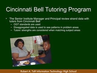 Cincinnati Bell Tutoring Program
•   The Senior Institute Manager and Principal review strand data with
    tutors from Cincinnati Bell
     – OGT standards are used
     – Disaggregated data is used to see patterns in problem areas
     – Tutors’ strengths are considered when matching subject areas




             Robert A. Taft Information Technology High School
 
