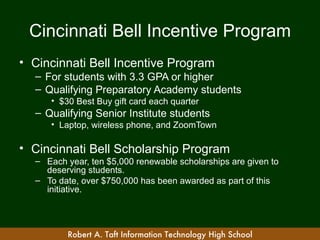 Cincinnati Bell Incentive Program
• Cincinnati Bell Incentive Program
  – For students with 3.3 GPA or higher
  – Qualifying Preparatory Academy students
     • $30 Best Buy gift card each quarter
  – Qualifying Senior Institute students
     • Laptop, wireless phone, and ZoomTown

• Cincinnati Bell Scholarship Program
  – Each year, ten $5,000 renewable scholarships are given to
    deserving students.
  – To date, over $750,000 has been awarded as part of this
    initiative.




         Robert A. Taft Information Technology High School
 