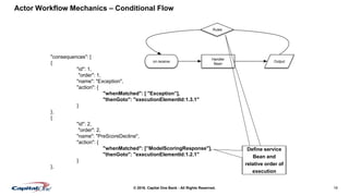 16© 2016. Capital One Bank - All Rights Reserved.
Actor Workflow Mechanics – Conditional Flow
"consequences": [
{
"id": 1,
"order": 1,
"name": "Exception",
"action": {
"whenMatched": [ "Exception”],
"thenGoto": "executionElementId:1.3.1"
}
},
{
"id": 2,
"order": 2,
"name": "PreScoreDecline",
"action": {
"whenMatched": [”ModelScoringResponse"],
"thenGoto": "executionElementId:1.2.1"
}
},
on receive
Handler
Bean
Output
Rules
Define service
Bean and
relative order of
execution
 