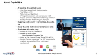 2© 2016. Capital One Bank - All Rights Reserved.
About Capital One
• A leading diversified bank
– One of the largest Credit Card companies
– Top 10 bank in US
– Nation’s largest digital bank
– 3rd largest independent auto loan provider in US
– Largest consumer and commercial banking institution
headquartered in the Washington, DC region
• Major operations in 15 US cities, Canada,
UK
• More than 70 million customer accounts
• Business & Leadership
– Ranked #127 on the Fortune 500
– Ranked #128 on Forbes
“Most Reputable Companies” list
– Listed on The Financial Times “Global 500” (#278)
– Ranked Training magazine's “Top 125” companies for
employer-sponsored workforce training and
development
2
 