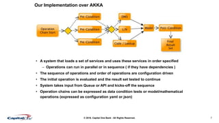 7© 2016. Capital One Bank - All Rights Reserved.
Our Implementation over AKKA
• A system that loads a set of services and uses these services in order specified
– Operations can run in parallel or in sequence ( if they have dependencies )
• The sequence of operations and order of operations are configuration driven
• The initial operation is evaluated and the result set tested to continue
• System takes input from Queue or API and kicks-off the sequence
• Operation chains can be expressed as data condition tests or model/mathematical
operations (expressed as configuration yaml or json)
 