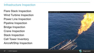 © 2015 Cognizant27
Infrastructure Inspection
Flare Stack Inspection
Wind Turbine Inspection
Power Line Inspection
Pipeline Inspection
Bridge Inspection
Crane Inspection
Stack Inspection
Cell Tower Inventory
Aircraft/Ship Inspection
 