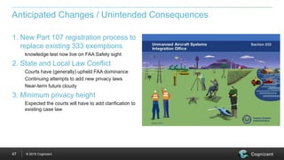 © 2015 Cognizant47
1. New Part 107 registration process to
replace existing 333 exemptions
knowledge test now live on FAA Safety sight
2. State and Local Law Conflict
Courts have (generally) upheld FAA dominance
Continuing attempts to add new privacy laws
Near-term future cloudy
3. Minimum privacy height
Expected the courts will have to add clarification to
existing case law
Anticipated Changes / Unintended Consequences
 