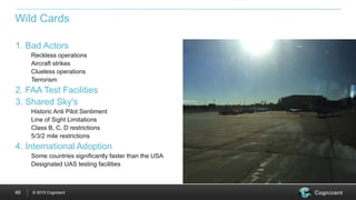 © 2015 Cognizant49
1. Bad Actors
Reckless operations
Aircraft strikes
Clueless operations
Terrorism
2. FAA Test Facilities
3. Shared Sky's
Historic Anti Pilot Sentiment
Line of Sight Limitations
Class B, C, D restrictions
5/3/2 mile restrictions
4. International Adoption
Some countries significantly faster than the USA
Designated UAS testing facilities
Wild Cards
 
