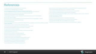 © 2015 Cognizant58
http://aviationweek.com/commercial-aviation/faa-nightmare-million-christmas-drones
http://dronelife.com/2015/01/24/drone-sales-figures-2014-hard-navigate/
http://www.vision-systems.com/articles/2013/12/the-future-is-here-five-applications-of-uav-technology.html
http://news.nationalgeographic.com/news/2013/12/131202-drone-uav-uas-amazon-octocopter-bezos-science-aircraft-unmanned-robot/
https://www.visiongain.com/Report/1437/Small-Unmanned-Aerial-Vehicle-(UAV)-Market-Forecast-2015-2025
http://abcnews.go.com/Technology/wireStory/drones-passing-fad-36217634
http://blog.luxresearchinc.com/blog/2014/11/more-than-1-million-drones-will-be-sold-in-2025-just-how-many-more-is-in-the-hands-of-regulators/
https://www.faa.gov/nextgen/programs/adsb/
http://www.washingtontimes.com/news/2016/jan/16/officials-warn-drones-causing-problems-with-milita/?utm_source=RSS_Feed&utm_medium=RSS
http://www.precisioneverything.com/unmanned/ces-drone-guide-2016.pdf
http://dronemanufacturersalliance.org/
http://www.expouav.com/roi-with-uavs-drones-set-to-enable-an-evolution-in-agriculture/?utm_source=exacttarget&utm_medium=email&utm_campaign=uav16-newsletter-
mar3&utm_content=newsletter
Drones and the Internet of Things in the cybersecurity equation | IBM Big Data & Analytics Hub
https://www.oreilly.com/ideas/chris-anderson-on-the-future-of-drones-and-the-open-source-hardware-movement
http://trendintech.com/2016/05/29/get-ready-for-the-drone-nation-the-market-is-expending-rapidly/
http://caselaw.findlaw.com/us-supreme-court/328/256.html
http://www.airtractor.com/news/2016/05/air-tractor%C2%AE-makes-entry-uas-market-acquires-yield-defender
http://sdtimes.com/developers-care-drone-industry/
http://www.inforum.com/news/4046353-nd-uas-test-believed-be-worlds-first
http://digiday.com/publishers/eye-sky-fox-sports-bringing-drones-sporting-events/
http://www.bbc.com/news/blogs-news-from-elsewhere-36434414
http://blog.ventureradar.com/2015/12/29/20-commercial-drone-use-cases-and-leading-innovators/
http://www.agweb.com/mobile/article/drone-payloads-advance-the-possibilities-naa-ben-potter/
http://m.themalaymailonline.com/tech-gadgets/article/the-drone-market-takes-off
http://unmanned-aerial.com/dronedeploy-hits-3-million-mark-for-mapped-acres/
http://www.businessinsider.com/uav-or-commercial-drone-market-forecast-2015-2
https://www.asdreports.com/news-3132/advanced-metering-infrastructure-ami-market-worth-2003-billion-2019-according-new-study-asdreports
http://unmanned-aerial.com/sentera-brings-autonomous-drone-route-planning-to-precision-ag-app/
http://www.marketwatch.com/story/should-you-be-allowed-to-keep-drones-from-flying-over-your-property-2016-06-09
http://unmanned-aerial.com/senteras-new-fixed-wing-uav-provides-growers-with-precise-grid-patterns/
http://www.syracuse.com/business-news/index.ssf/2016/06/upstate_ny_wants_to_be_leader_in_emerging_drone_industry_cny_to_host_convention.html
https://apple.news/ALaYpheDeMTSS6ZQcYA6-Zg
https://apple.news/AVCJwrgDENxysk6v1osY7Eg
http://unmanned-aerial.com/upcoming-drone-world-expo-to-feature-beefed-up-education-program/
http://techcrunch.com/2016/06/15/autodesk-invests-in-future-with-3d-robotic-drones-and-smart-iot-platforms/
http://unmanned-aerial.com/dronedeploy-offers-new-ag-functionalities-in-time-for-growing-season/
http://home.bt.com/news/uk-news/action-urged-to-ensure-drone-sector-can-flourish-as-industry-takes-flight-11364068191311
References
 