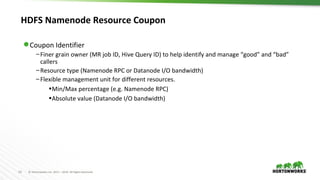 19 © Hortonworks Inc. 2011 – 2016. All Rights Reserved
HDFS Namenode Resource Coupon
⬢ Coupon Identifier
–Finer grain owner (MR job ID, Hive Query ID) to help identify and manage “good” and “bad”
callers
–Resource type (Namenode RPC or Datanode I/O bandwidth)
–Flexible management unit for different resources.
•Min/Max percentage (e.g. Namenode RPC)
•Absolute value (Datanode I/O bandwidth)
 