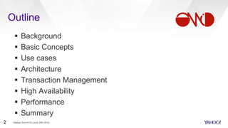 Outline
 Background
 Basic Concepts
 Use cases
 Architecture
 Transaction Management
 High Availability
 Performance
 Summary
Hadoop Summit SJ (June 29th 2016)2
 