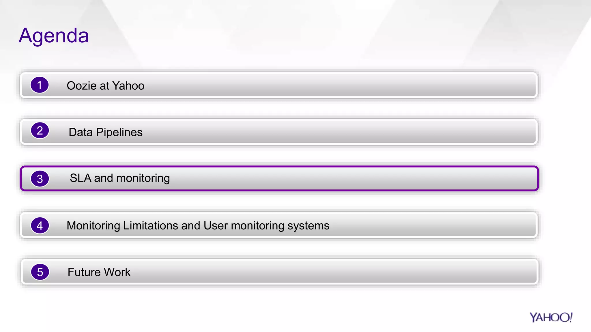 Agenda
Oozie at Yahoo1
Data Pipelines
SLA and monitoring
Monitoring Limitations and User monitoring systems
Future Work
2
3
4
5
 