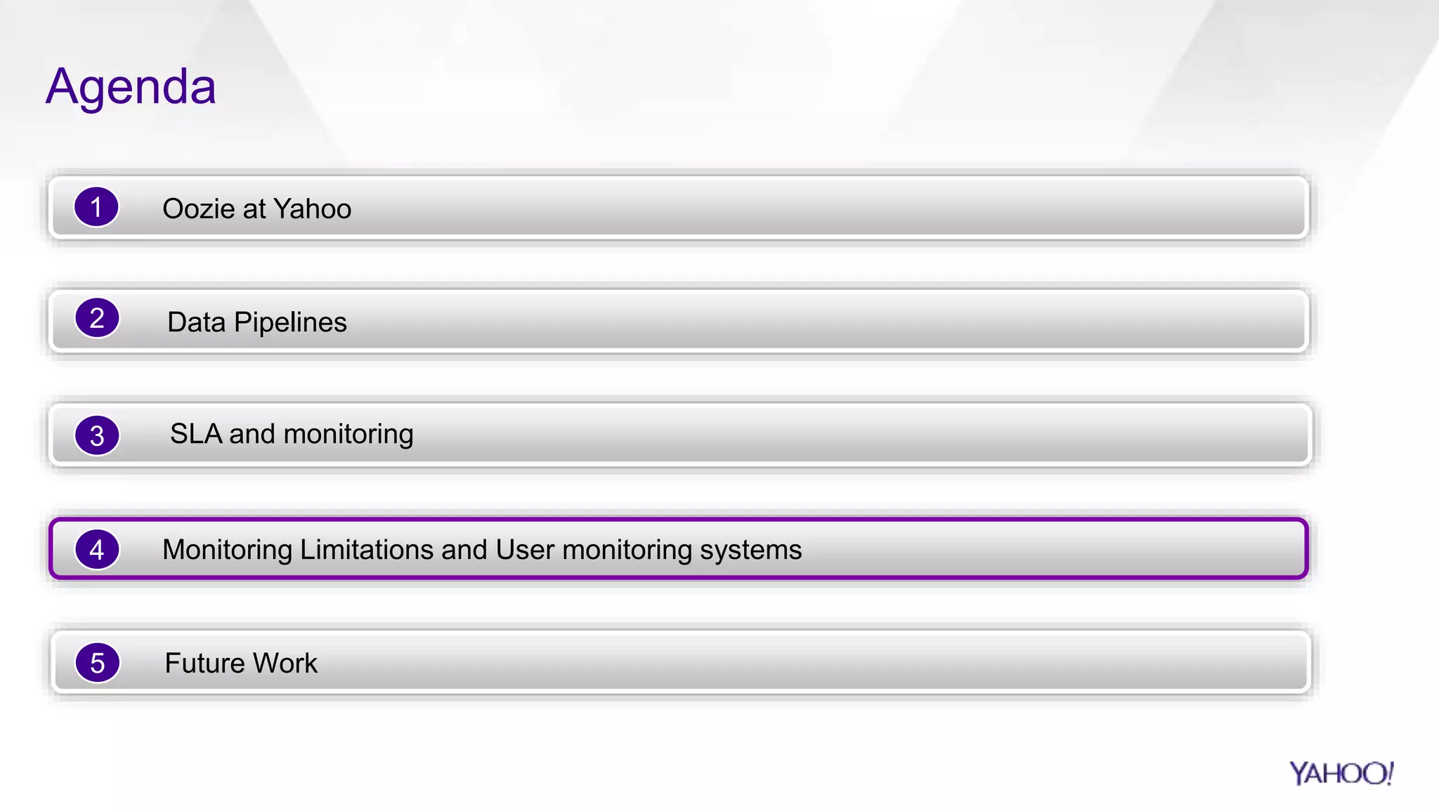 Agenda
Oozie at Yahoo1
Data Pipelines
SLA and monitoring
Monitoring Limitations and User monitoring systems
Future Work
2
3
4
5
 