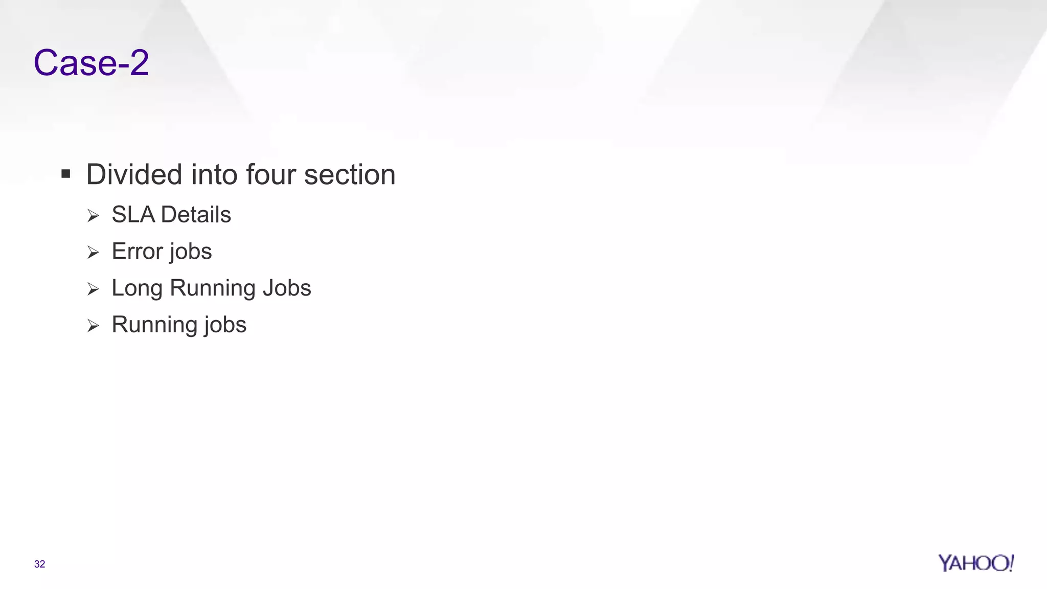 Case-2
32
 Divided into four section
 SLA Details
 Error jobs
 Long Running Jobs
 Running jobs
 